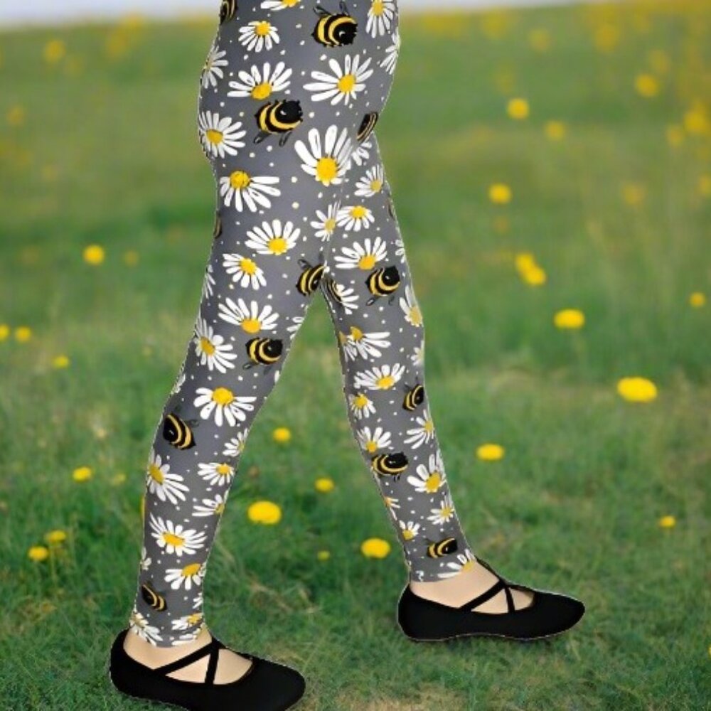 NEW Girls Bee Daisy Leggings, Kids Soft Yoga Pants, Gray/Yellow, Sizes S/L